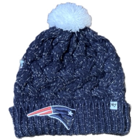 NEW ENGLAND PATRIOTS Knit Cuffed Beanie Hat Blue Silver Metallic White Pom Pom - Picture 6 of 15